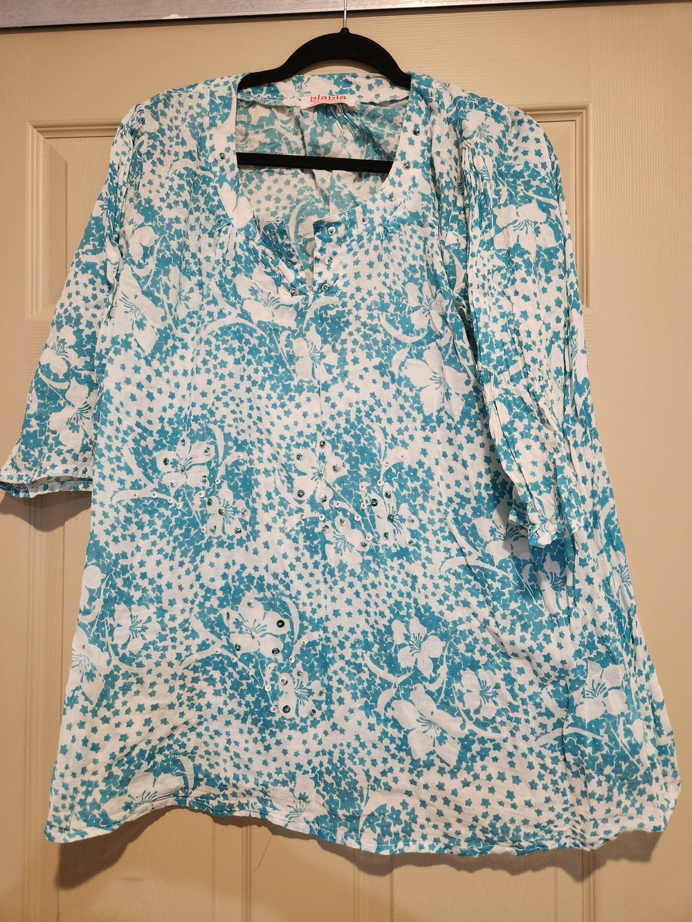 Turquoise Floral Split-Neck Women's Tunic Blouse
